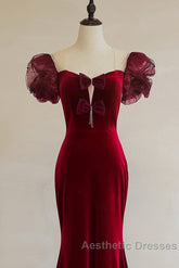 Wine Red Mermaid Long Party Dresses With Bow, Wine Red Evening Dresses Evening Prom Dresses